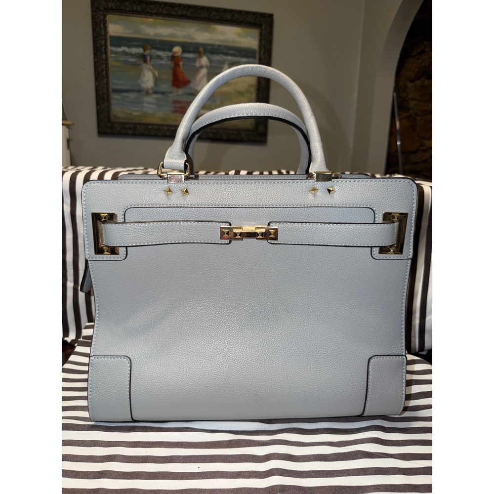 Light Blue Faux Leather Pet Carrier Purse Tote with Gold Hardware for Small Dogs